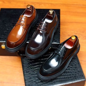 Genuine Leather Men's Oxfords <b>Round</b> Toe Lace-up Dress Shoes Black Brown Patent Finish <b>Cushioned</b> Rubber Sole All Seasons - Product Image 1
