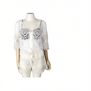 Buonic Set copricostume estivo da spiaggia da donna, pantaloncini e top in pizzo bianco, taglie S M L XL, costume da bagno, outfit casual - Product Image 2