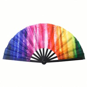 Éventails pliants portables en bambou noir durable de 33 cm, grands éventails de rave avec logo personnalisé imprimé pour les fêtes et la danse - Product Image 1
