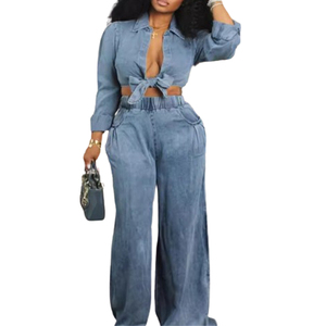 Autunno 2025 donna abbigliamento Casual tinta unita <span class=keywords><strong>camicia</strong></span> a maniche lunghe a vita alta pantaloni larghi moda due pezzi pantaloni Set - Product Image 1