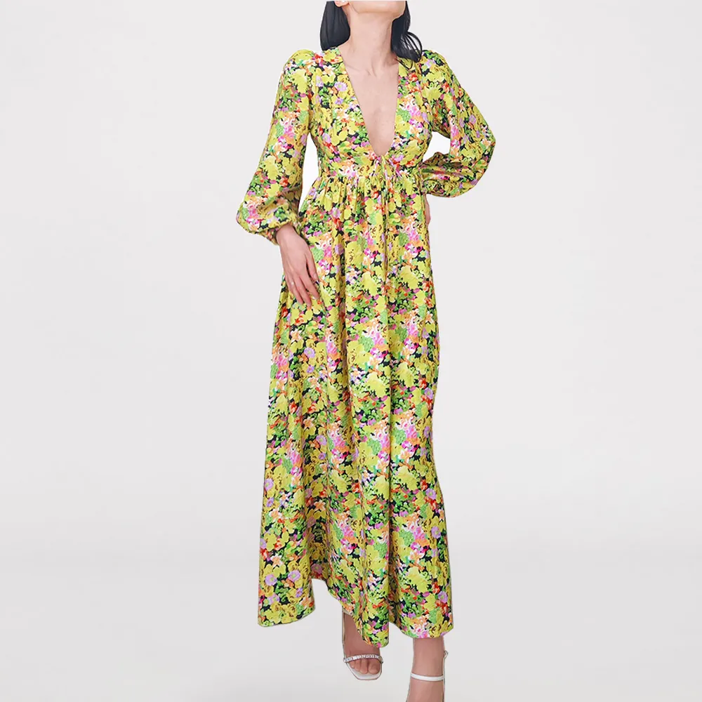 Bouffée à manches longues col en V femmes lin coton robes vertes grande taille élégant sexy bohème été robe de plage pour dames filles