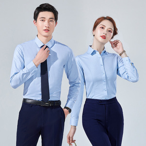Striped Shirt Unisex Long Sleeve Slim Fit Anti-Wrinkle Workwear Polyester Fabric - Product Image 2