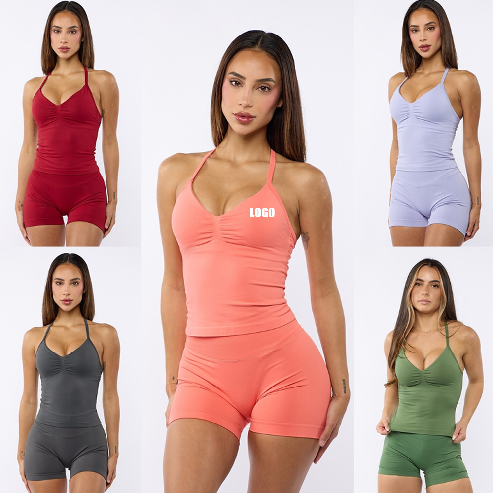 Custom Women's Quick Dry Nylon Gym Tight High Elasticity Hanging Back Breathable Yoga Bra Long Tank Top Print Seamless Sports