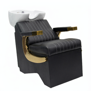 Sillón de Lujo para Lavado de Cabello, Cama de Salón de Belleza, Estación de Lavado de Cabello en Cuero PU Negro y Dorado, Mobiliario para Salón de Belleza - Product Image 1