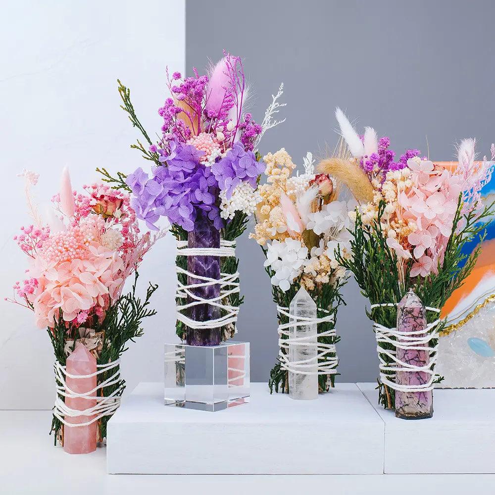 Set di scatole di cristallo naturale bouquet di fiori di saga secchi con torre di cristallo regali di nascita meditazione yoga