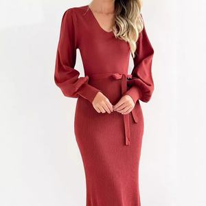 Vestido Suéter Midi de Cuello en V Profundo para Mujer, Alta Calidad, Nuevo, Otoño e Invierno, Estilo Casual, Venta al Por Mayor, Personalizado, OEM - Product Image 1