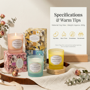 Vela Aromática Ecológica Hecha a Mano con Cera de Soya, en Vaso de Vidrio Esmerilado Multicolor (Rosa, Azul, Amarillo), Sin Humo, de Combustión Estable, con Aroma Floral, en Caja - Product Image 2