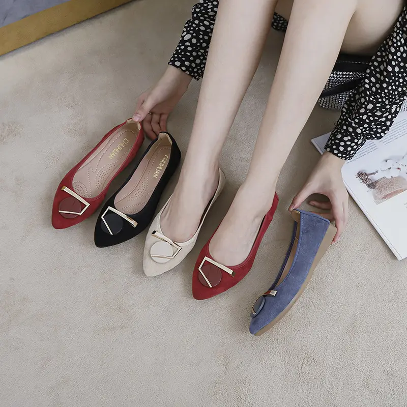 Korean fashion flat shoes pointed round button suede ladies shoes shallow mouth casual single shoes