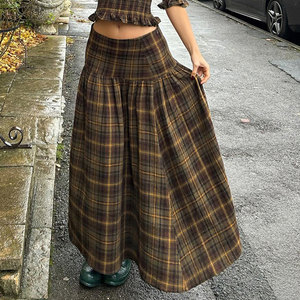 Plaid Contrast Color Cotton a Line Maxi Skirt Natural Waist Summer Casual Preppy College Style Flared Hem Breathable - Product Image 1