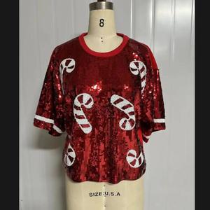 Navidad vacaciones caramelo palo Santa <span class=keywords><strong>Holly</strong></span> lentejuelas vestido Top Jersey lentejuelas Tops mujeres corto lentejuelas vestidos camisa al por mayor - Product Image 1