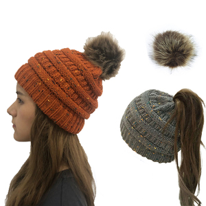 <span class=keywords><strong>Bonnet</strong></span> en tricot pour femmes, queue de cheval Slouchy, Baggy épais avec Faux <span class=keywords><strong>pompon</strong></span> en <span class=keywords><strong>fausse</strong></span> <span class=keywords><strong>fourrure</strong></span>, chapeau d'hiver - Product Image 1