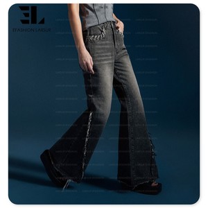 Larsur tùy chỉnh nhà máy phụ nữ đau khổ rửa bùng jeans Y2K eo cao đẩy lên ren lên cạnh thô bootcut bùng denim quần phụ nữ - Product Image 1