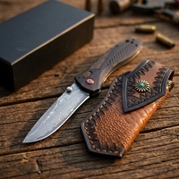 Couteau EDC DIY en acier Damas VG10 avec pivot à roulement à billes, manche en bois de santal, étui en cuir, pour camping, survie, collection, noir
