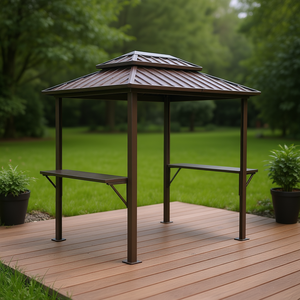 Brown Aluminum Gazebo <b>8x6</b> Ft Double Roof Hard Top Outdoor Metal <b>Frame</b> With Serving Tables For Patio Backyard Canopy Pergola - Product Image 2