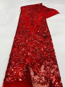 ผ้าลูกไม้ตาข่ายปักลายดอกไม้สไตล์ใหม่ NI.AI ประดับด้วยกลิตเตอร์เลื่อมและมุก - Product Image 5