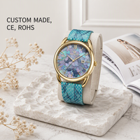 Jam Tangan Dial Mosaik MOP Pria Casing Baja Tahan Karat Emas Tali Kulit Sapi Miyota Quartz Tanggal 3BAR Tahan Air 44Mm