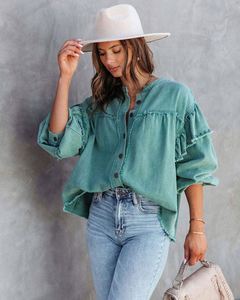 Wholesale Solid Casual Washed Denim Women Coats <b>Tops</b> Fashion Candy Color Hubble-<b>Bubble</b> Sleeve Ladies Outerwear Street Green Jean - Product Image 5