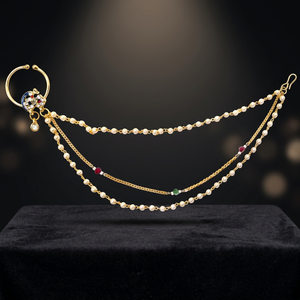 Indian Mores Multicolor Peacock Nath Nose Ring Pearl <b>Studded</b> Stone Embellished <b>Chain</b> Bridal Ethnic Statement Jewelry for Women - Product Image 4