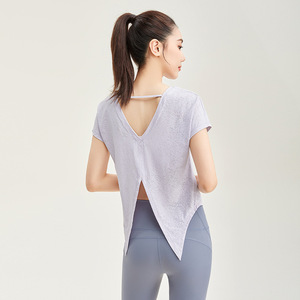Camiseta de yoga transparente de manga corta para mujer, cuello redondo, espalda hueca, camiseta de entrenamiento holgada y transpirable, top deportivo para Pilates, OEM ODM - Product Image 1