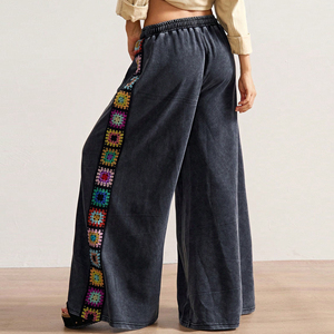 <span class=keywords><strong>Pantalon</strong></span> large pour <span class=keywords><strong>femme</strong></span>, motif carré Granny, avec côtés en crochet coloré, effet délavé - Product Image 2