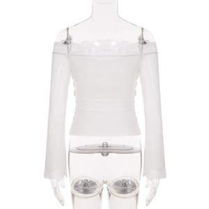 White Lace <b>Patchwork</b> Mesh Sheer Ruched Off Shoulder Slim Fit Pure Casual Long Sleeve T Shirt <b>Top</b> for Women - Product Image 6
