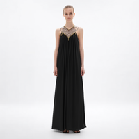 Nouvelle Robe de Soirée Longue Femme Élégante Noire à Bretelles Fines, Motif Géométrique Ajouré, Plissée et Fluide, Coupe Évasée Personnalisée
