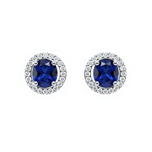 Boucles d'oreilles clous en or plaqué 18K 14K avec saphir bleu taille ovale, halo de diamants ronds, bijoux fins pour femme - Product Image 1