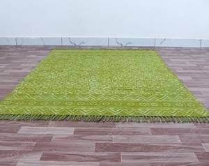 Tapis en coton biologique vert, imprimé vintage, fait main, avec pompons, tapis de sol bohème, décoration intérieure - Product Image 2