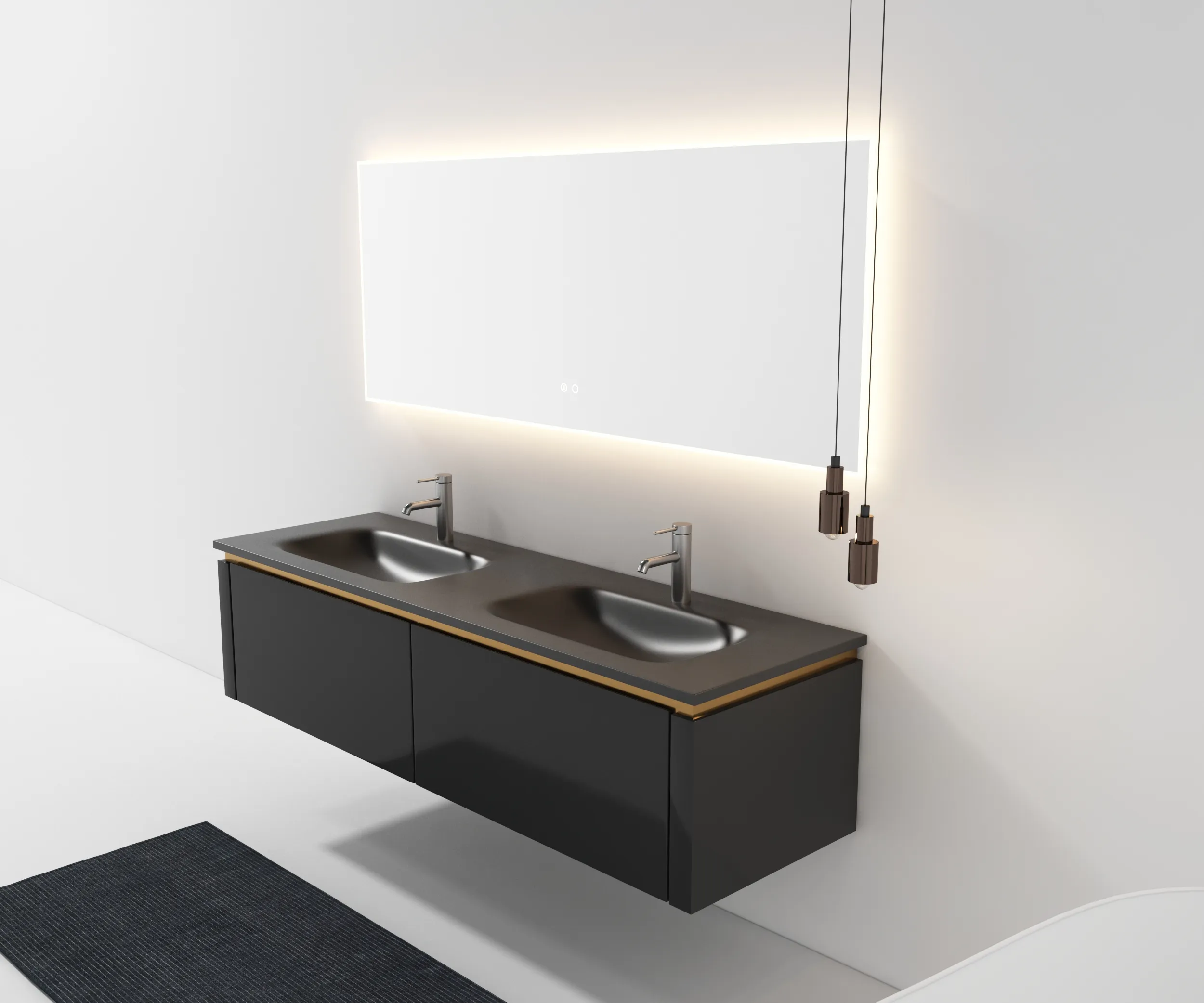 Lavabo de encimera doble Rectangular de superficie sólida Fregadero de baño Diseño de lavabo moderno Diseños de baño de lujo