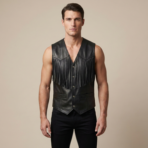Chaleco de Cuero Genuino para Hombre, Estilo Motero con Flecos, Cuello en V, Cierre de Botón, Prenda Exterior para Otoño - Product Image 1