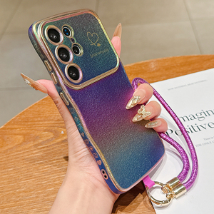 Mạ điện mềm TPU bảo vệ trường hợp điện thoại với dây đeo cổ tay cho Samsung S25 siêu S24 cộng với Laser đầy màu sắc lượn sóng khung trái tim trường hợp - Product Image 5