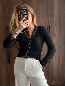 Top in maglia <span class=keywords><strong>slim</strong></span> <span class=keywords><strong>fit</strong></span> sexy con scollo a V da donna, <span class=keywords><strong>cardigan</strong></span> in maglia con finiture in pizzo - Product Image 2