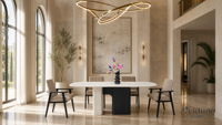 Table à manger architecturale à deux colonnes avec plateau en marbre turc et base en pierre de jade Rabbit |   Meubles de luxe sur mesure tout-en-un