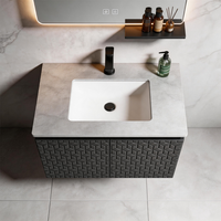 Meuble-lavabo de salle de bain gris foncé ultra-plat suspendu avec panneaux géométriques en relief et miroir LED à capteur tactile