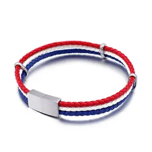 Ручной работы плетеный кожаный браслет с национальным флагом из нержавеющей стали Магнитная застежка Французский флаг страны цветной мужской кожаный браслет