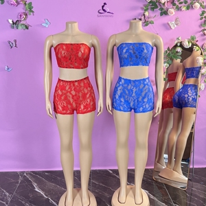 HR24018 2026 Conjunto de 2 Piezas de Encaje Transparente para Mujer, Top Tubo sin Tirantes, Shorts Ajustados, Atuendo Sexy para Club - Product Image 1
