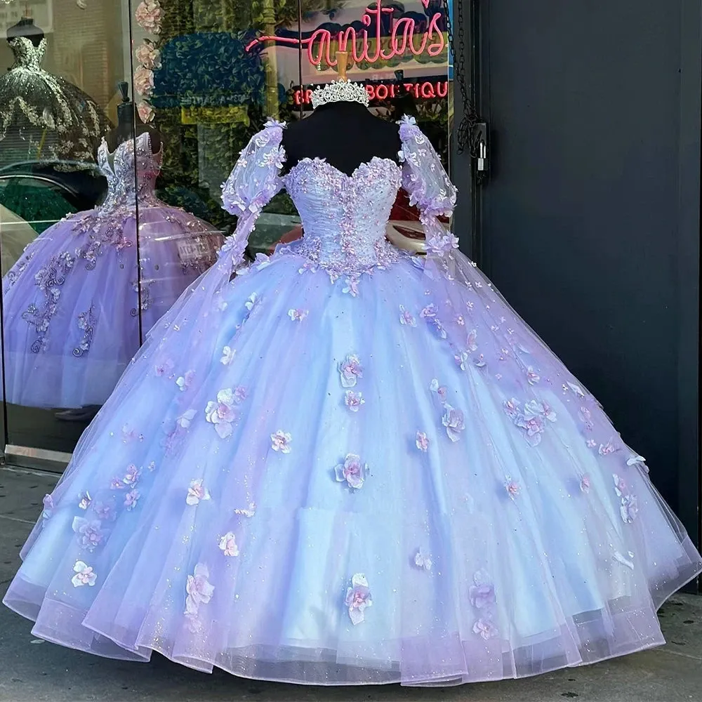 blue and purple dresses for quinceaneras Glittering Lilac Quinceanera Floral Appliques with Bow Vestidos De 15 Anos Long Puffy Sleeves Party Prom Purple ball