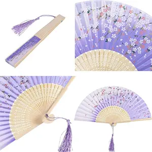 Promotional gifts Satin mini hand fans for women fold portable log bamboo bone custom held hand fan on wedding joyous festival
