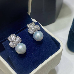 S925 <b>Silver</b> Three Leaf Clover <b>Earrings</b> 11-12mm High Luster Edison Pearl <b>Drop</b> <b>Earrings</b> Near Round Slight Blemish Pearl Jewelry - Product Image 3