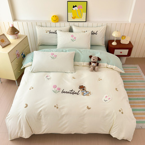 Parure de lit brodée en coton longue fibre 100% motif <span class=keywords><strong>pingouin</strong></span> mignon Kawaii, housse de <span class=keywords><strong>couette</strong></span> et couvre-lit esthétique pour chambre d'enfant Queen - Product Image 6