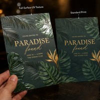 Ensemble d'invitations de mariage avec texture UV sur toute la surface |   Feuille d'or tropicale botanique avec UV sélectif pour la vente en gros en vrac pour les centres de villégiature