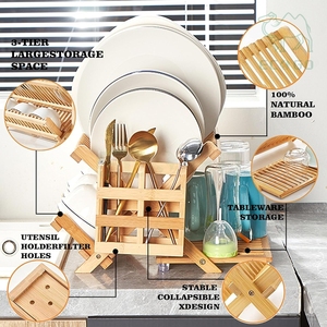 ชั้นวางจานแบบพับได้ปรับระดับได้ ทำจากไม้ไผ่ สำหรับจัดเก็บในครัว พร้อมที่ใส่ช้อนส้อม - Product Image 4