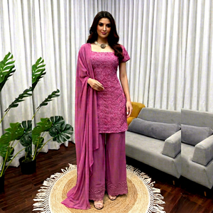 Ensemble Kurti Palazzo Dupatta brodé magenta pour femme, tenue ethnique indienne, longueur cheville, pour soirée - Product Image 1