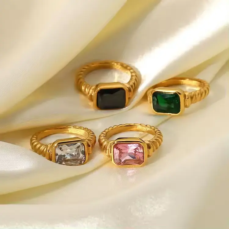 Fashion Stainless Steel Rectangular Emerald Pink Zircon Ring Croissant Twist Spiral Ring With Black Green Zircon