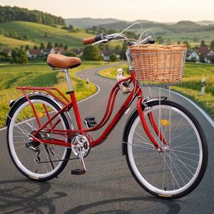 Bicicletta da città vintage da 26 pollici a 7 velocità per donna con cestino in vimini, bici cruiser retrò step-through per donna - Vendita all'ingrosso - Product Image 5
