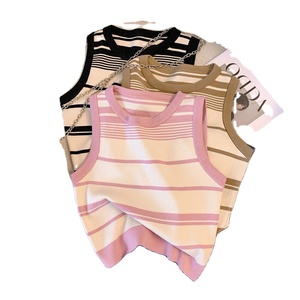 French-style Sweet Striped Sleeveless O-Neck Polyester Viscose Knit <strong>Top</strong> for <strong>Women</strong> 2026 Summer New Short Casual <strong>tank</strong> <strong>Top</strong> - Product Image 1