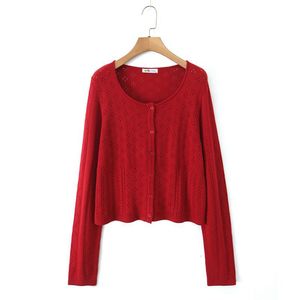 Conjunto de Cárdigan Tejido para Mujer Happy Plus, Color Rojo Cereza y Blanco, Diseño Calado con Botones, Manga Larga, Talla Grande, Estilo Escolar - Product Image 2