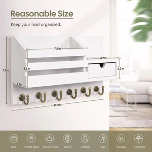 Wood Grain Wall Mounted Key Rack With <b>Hooks</b> Entryway Storage Organizer For Home Mail And Keys - Product Image 4