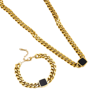 Ensemble de bijoux Chaîne à maillons en acier inoxydable plaqué or 18 carats All-Match Dripping Black Square Thick Necklace Bracelet Ring for Gift