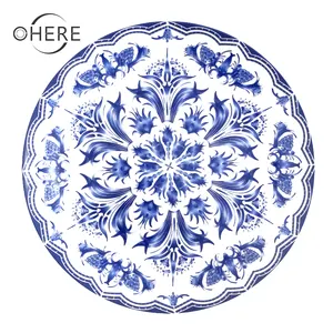 蓝色中国百合设计陶瓷板花式骨瓷与花卉设计定制酒店餐厅餐具套装